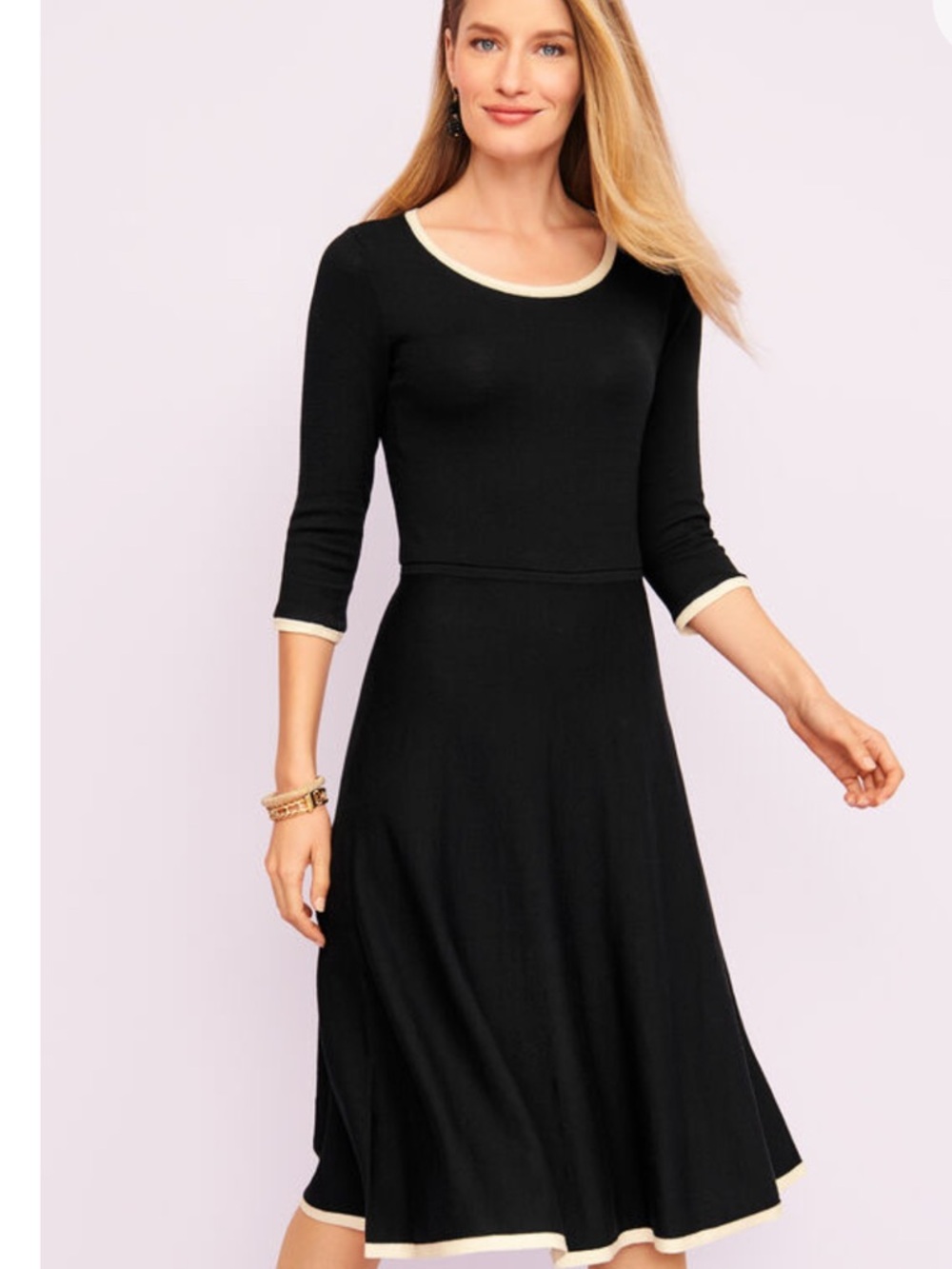 Talbots NEW Black Scoop Neck Midi Sweater Dress  Cream Contrast Trim Size XL